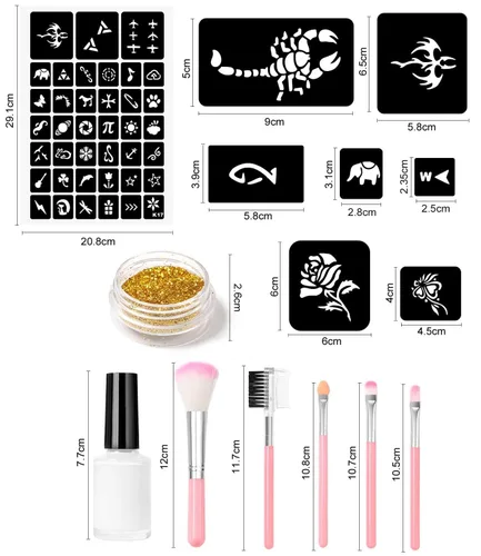 Miniatura 4 de Kit de tatuaje temporal con purpurina para maquillaje de niños, 30 purpurina corporal, 3 pegamento de purpurina, 5 hojas de plantillas de tatuajes