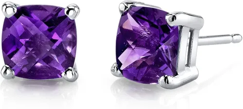 Peora Aretes tipo dormilona de oro blanco macizo de 14 quilates con amatista para mujer, piedra natal auténtica, solitario hipoalergénico, corte de