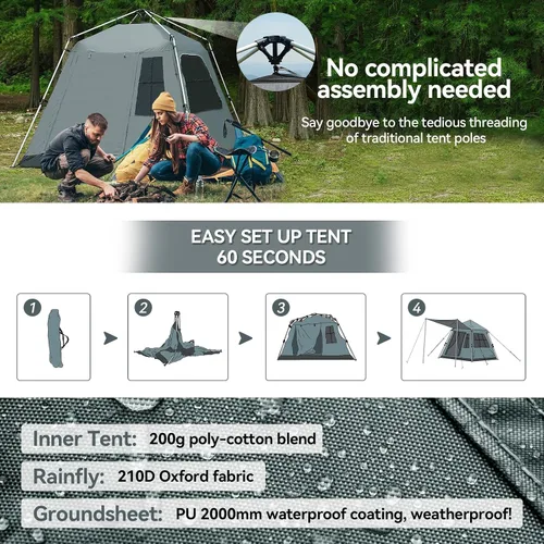 Miniatura 3 de Tienda de campaña desplegable instantánea con parasol extraíble, tienda de campaña con protección UV y ventilación, impermeable, resistente al
