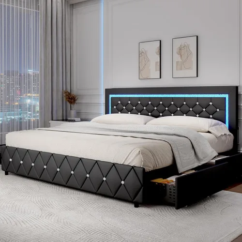 Miniatura 15 de Base de cama tamaño queen con luces LED, plataforma tapizada con cajones de almacenamiento, cama princesa con cabecera y cabecera de diamante,