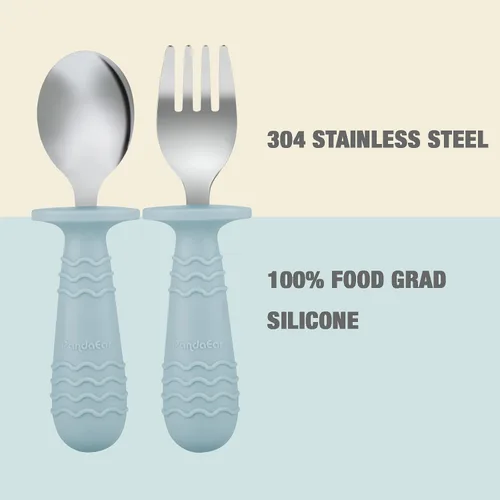 Miniatura 5 de PandaEar 6 Piezas Utensilios de Silicona de Acero Inoxidable para Bebés y Niños Pequeños Cubiertos Cuchara Tenedor para Bebés y Niños Pequeños Sin