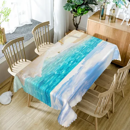 Miniatura 5 de Mantel oblongo, diseño de playa de 52 x 70 pulgadas, diseño de playa con estrellas de mar y olas de mar, con decoración impermeable y resistente a