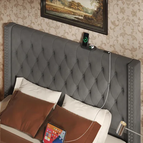 Miniatura 3 de CIKUNASI Base de cama de terciopelo Queen con cabecero, almacenamiento, luz LED, estación de carga, gris, tablero de fibra de densidad media