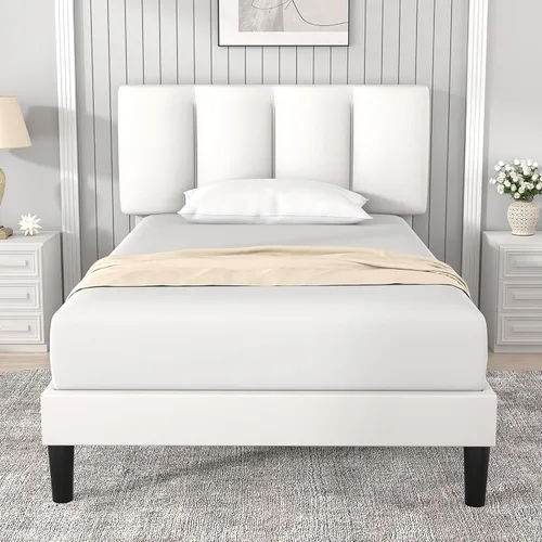 Miniatura 57 de VECELO - Base de cama tamaño individual con cabecera tapizada, plataforma con soporte de listones de madera de alta resistencia, no necesita somier