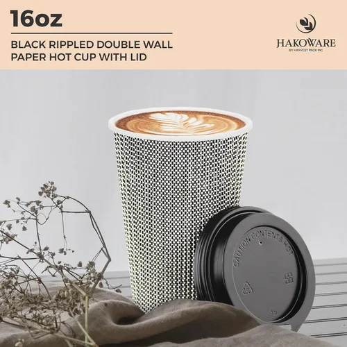 Miniatura 3 de Paquete de 85 tazas de café desechables de 16 onzas, vasos de papel de doble pared con tapas, diseño geométrico blanco y negro, tazas para beber
