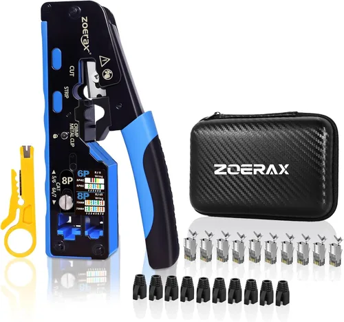 Miniatura 8 de Herramienta de crimpado RJ45, kit de herramientas de crimpado Cat7 Cat6 Cat5 con cortador de alambre, probador de cables de red, mini pelacables