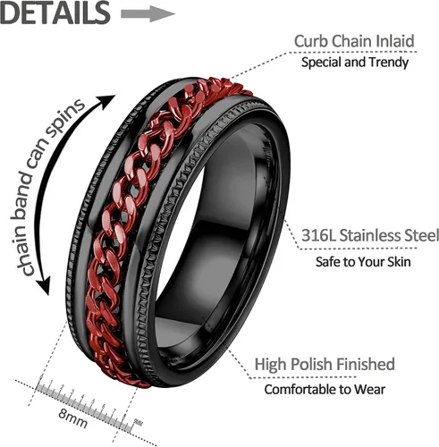 Miniatura 2 de FIBO STEEL - Anillos de acero inoxidable de 8mm para hombres, anillos con cadena incrustada y borde con textura, disponible en tallas 7-14