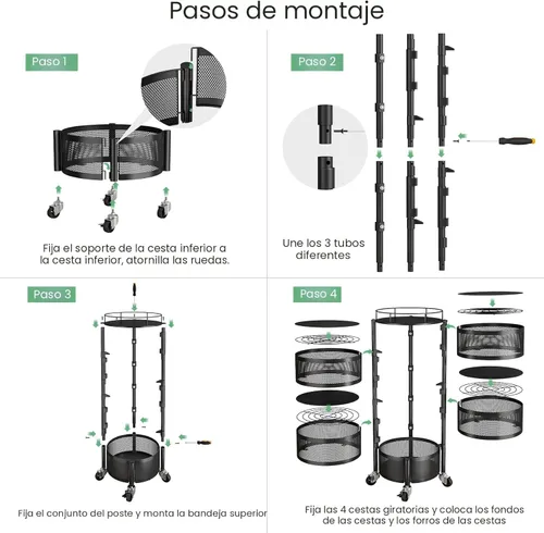Miniatura 8 de SNTD Cesta de frutas y verduras para cocina con tapa superior de metal, carrito de almacenamiento giratorio de 5 niveles para papa, cebolla, pan