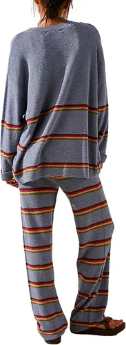 Miniatura 4 de Conjunto de 2 piezas de punto para mujer, suéter suelto con estampado de rayas Y2K + pantalones elásticos, ropa estética urbana