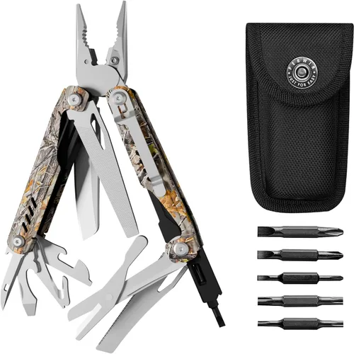 Miniatura 11 de PERWIN Multiherramienta, alicates multiherramienta de acero inoxidable 17 en 1 con autobloqueo, cuchillo de bolsillo, funda de nailon