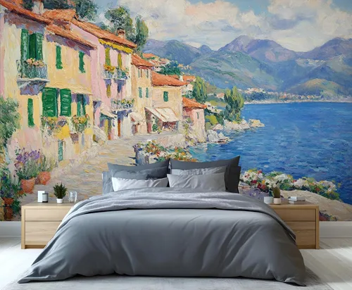 Miniatura 23 de Papel tapiz 3D de bicicleta rosa vintage, murales de flores de paisaje de primavera para sala de estar, pintura al óleo, papel tapiz rústico