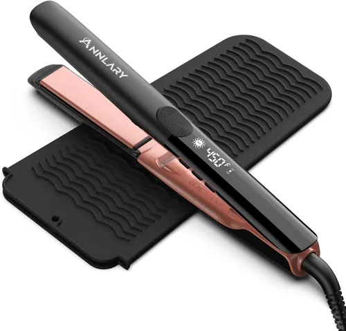 Miniatura 14 de Annlary - Plancha de pelo alisadora de 1 pulgada y rizador de pelo plana de 2 en 1 de titanio y cerámica iónica con voltaje dual, con silicona Negro