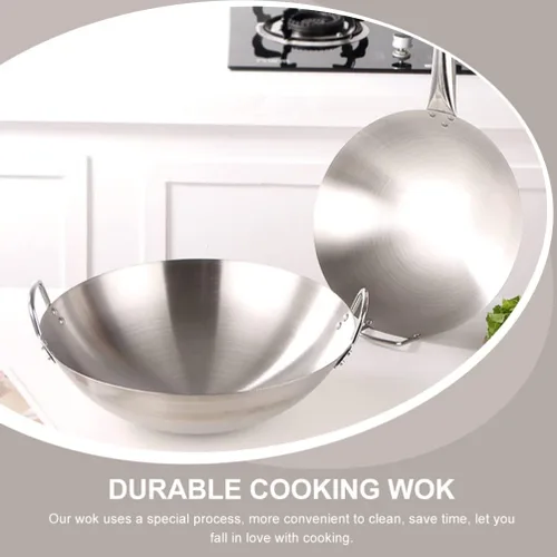 Miniatura 8 de Cabilock Wok de acero inoxidable de 12 pulgadas, sartén de fondo redondo de gran capacidad para estufa de gas, cocina tradicional india Kadai