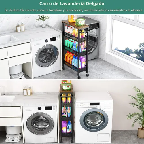 Miniatura 2 de Vivihomety Carrito de Almacenamiento Delgado Utilitario con Ruedas, Carrito Rodante Pequeño de 4 Niveles con Parte Superior de Madera, Carro