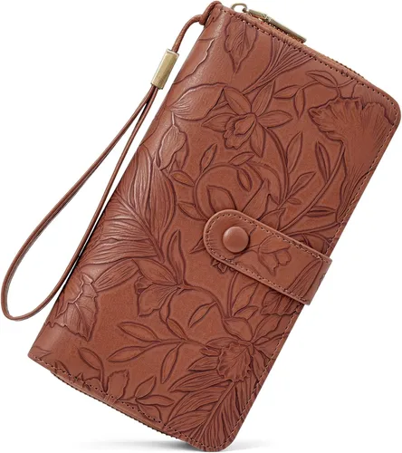 Miniatura 8 de SENDEFN Cartera de piel con cierre RFID para mujer, con cierre de cremallera, de gran capacidad, con correa para la muñeca, Marrón, Classic