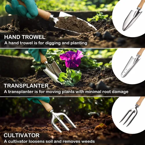 Miniatura 6 de Bluemars Kit de herramientas de mano de jardinería, 14 piezas, juego de herramientas de jardín de acero inoxidable resistente con bolsa de jardín