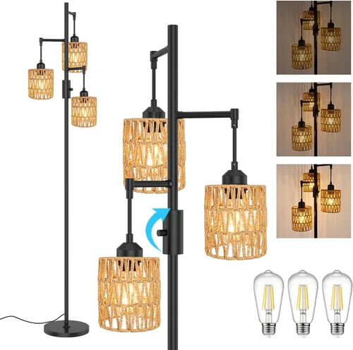 Miniatura 9 de Lámpara de pie de ratán bohemio para sala de estar, lámpara de pie regulable de 70 pulgadas con pantalla de jaula, lámparas de pie industriales
