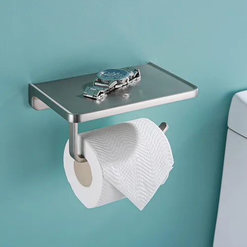 RANDOM Soporte de papel higiénico con estante Dispensadores de papel higiénico de níquel cepillado Soporte de papel higiénico de metal sólido