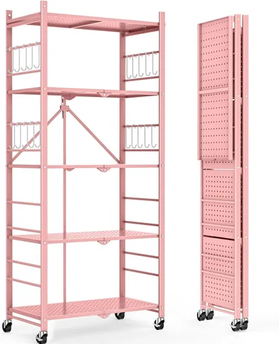 Miniatura 12 de Himix Estantes de almacenamiento con 6 ganchos, estante plegable de 3 niveles con ruedas, estantería de almacenamiento de metal, carrito rodante