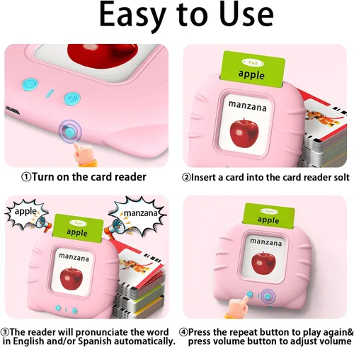 Miniatura 2 de Kidzdo Juguetes audibles bilingües en español e inglés con música, tarjetas flash parlantes bilingües para niños pequeños/principiantes, ABC, Rosa