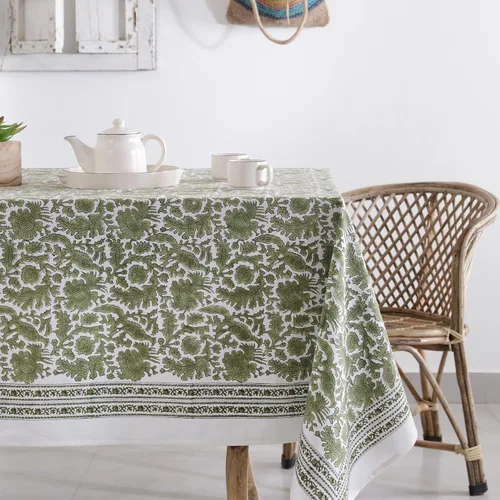 Miniatura 19 de Labhanshi Mantel rectangular de 6 plazas de algodón prelavado con estampado indio a mano, 60 x 90 pulgadas, diseño floral de algodón prelavado