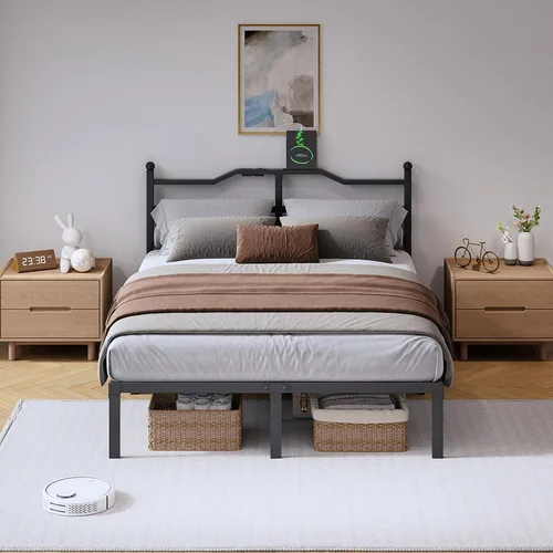 Miniatura 6 de SHOANED Marco de cama de 14 pulgadas de metal - Base de cama de tamaño matrimonial de alta resistencia con estación de carga y cabecera, listones