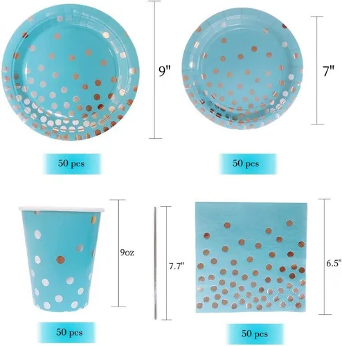 Ottin Juego de 250 platos y servilletas de papel desechables azules, platos llanos de 9 pulgadas y platos de postre de 7 pulgadas, suministros de