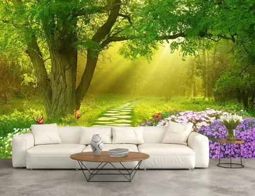 Miniatura 3 de Reyhui - Papel tapiz con imagen de bosque, flores y camino en mural de pared para dormitorio, sala de estar, fondo de TV, sofá