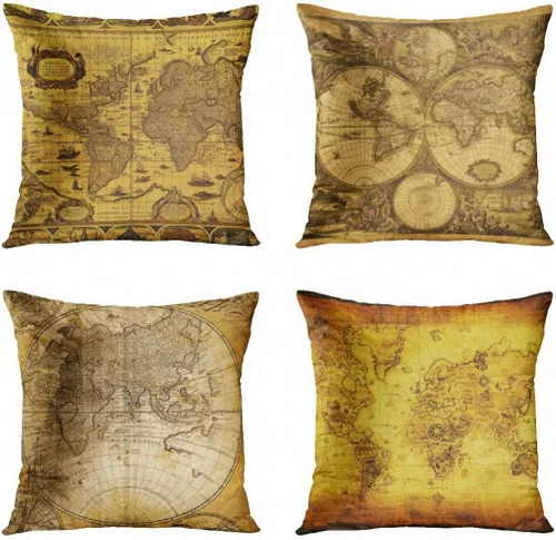 ArtSocket Juego de 4 fundas de almohada vintage con mapa del viejo mundo, cartografía, descubrimiento de sepia antiguo, continentes políticos