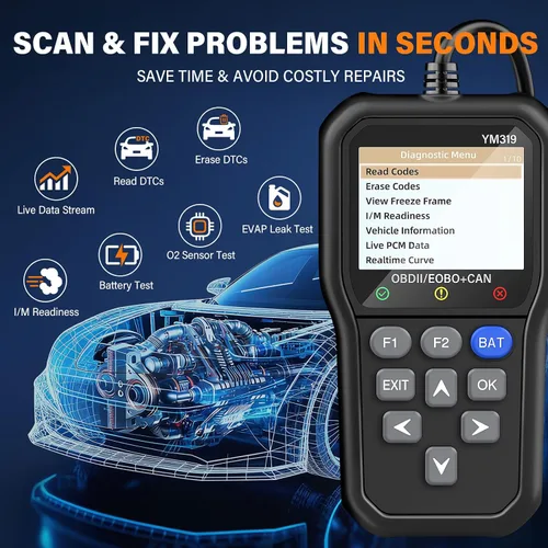 Miniatura 2 de BluSon YM319 - Escáner OBD2, herramienta de diagnóstico con probador de batería, lector de código de falla del motor con datos en vivo, impresión