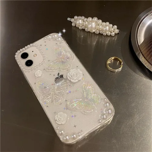 Miniatura 4 de Funda compatible con iPhone 13 Mini 3D, diseño floral de mariposa, transparente con diseño estético, fundas protectoras con purpurina y cristales