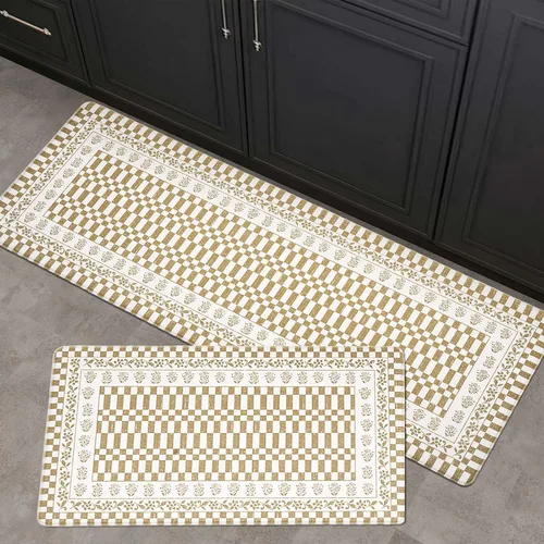 FRESHMINT - Juego de 2 alfombrillas de cocina con diseño floral a cuadros antifatiga, tapetes de cocina acolchados de espuma para piso,