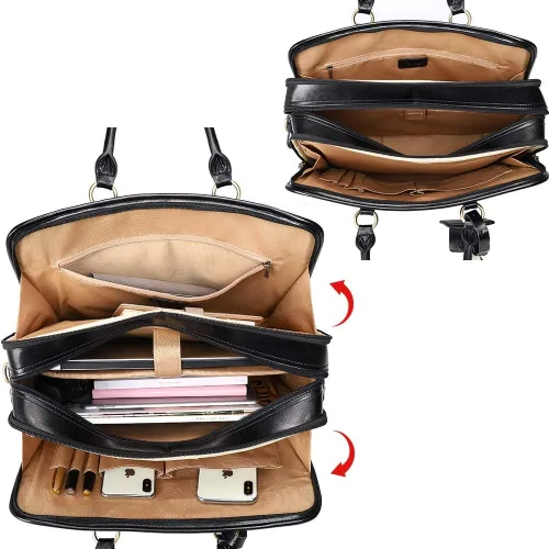 Miniatura 12 de Kattee Maletín de cuero genuino para mujer, bolsa de computadora portátil de gran capacidad con etiqueta de equipaje