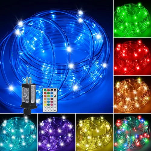 Cuerda de luces para exteriores, 33 pies, 120 LED, 18 colores cambiantes, tira de luces LED para exteriores, impermeable, tubo de luz de hadas con