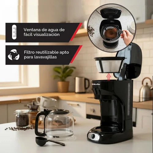 Miniatura 5 de Mueller - Cafetera de goteo de 12 tazas, jarra de borosilicato, apagado automático, filtro reutilizable, antigoteo, función de mantener el calor