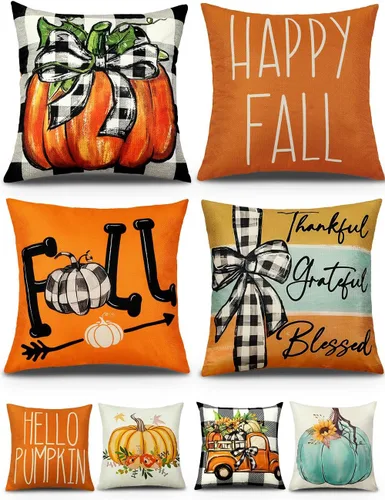 Miniatura 9 de multiwins Decoraciones Navideñas Juego de 4 Fundas de Cojines Navideños con Estampado de Doble Cara de 16" x 16", con 8 Bonitos Patrones, Fundas