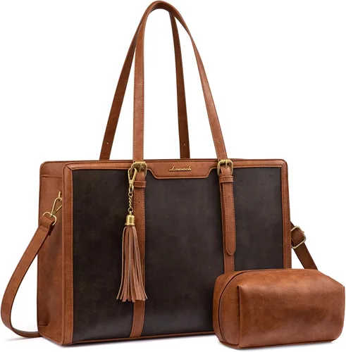 Miniatura 16 de LOVEVOOK Bolsa de mano para laptop para mujer, bolsa de trabajo vintage de 15.6 pulgadas con embrague, bolso grande de cuero para laptop con soporte