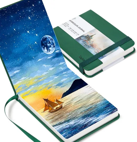 Miniatura 8 de Lightwish Diario de acuarela, 100% algodón, cuaderno de bocetos pequeño de papel de acuarela de prensa en caliente 4.96" x 3.62", 20 hojas Verde