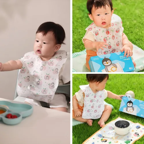 Miniatura 9 de Baberos desechables para alimentación, paquete individual de 24 para bebés y niños, pestañas adhesivas ajustables, baberos para niños pequeños