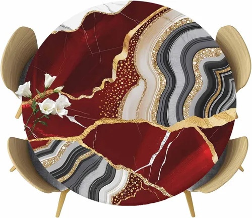 Miniatura 37 de Mantel ajustado redondo de Navidad con Poinsettia, mantel de lino retro de Navidad impermeable para mesa circular, mantel circular elástico de Rojo