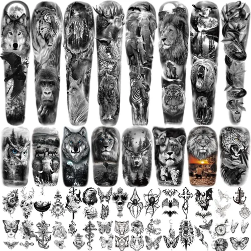 Miniatura 6 de Tatuaje Temporal de Brazo Completo Impermeable para Hombres (L22.8" x A7"), 46 Hojas de Tatuajes Falsos para Mujeres León Tigre Reloj Flor Esqueleto