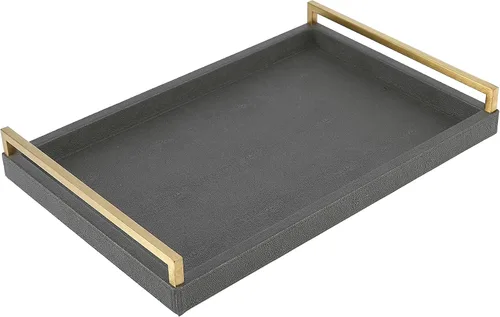 Bandeja para servir de piel sintética con mango de acero inoxidable cepillado Ti-Gold, con textura de papel rugoso o mármol.