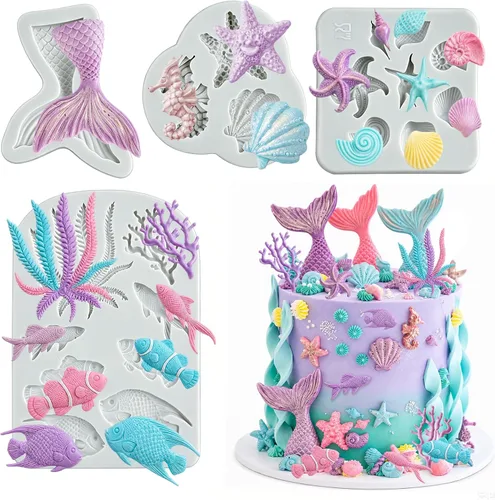 MEMOVAN Mermaid Theme Cake Fondant Mold 4PCS Marine Silicone Mold | Seahorse Seashell Star Fish Mermaid Tail Cupcake Mold for Chocolate Candy Cake