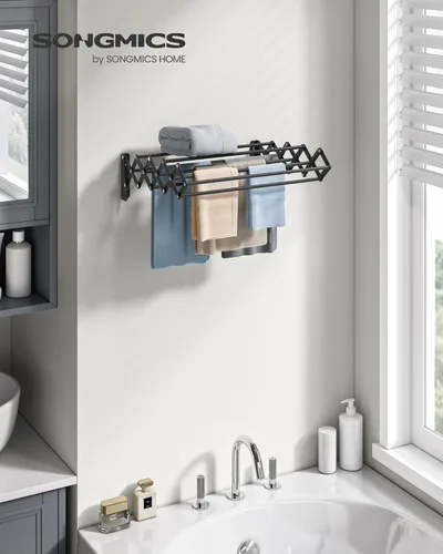 Miniatura 2 de SONGMICS Estante de secado de ropa, estante de secado de ropa montado en la pared, pequeño estante de lavandería acordeón, 9 varillas colgantes
