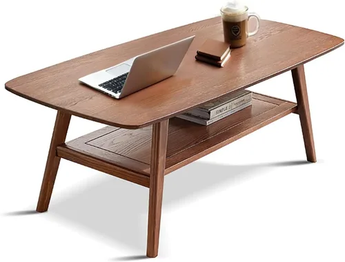Miniatura 10 de Mesa auxiliar 100% de madera maciza con estante de almacenamiento, mesa central de madera de 2 niveles para sala de estar, mesa rectangular rústica