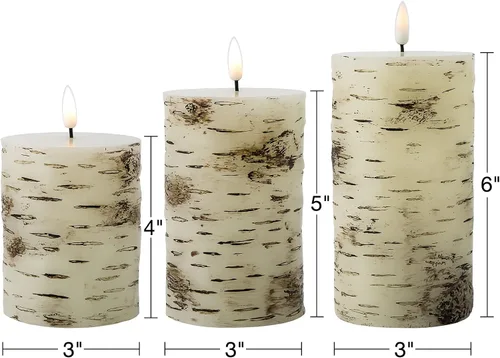 Eywamage Velas de pilar sin llama de corteza de abedul con control remoto, velas LED rústicas parpadeantes con batería, juego de 3 Top plano -