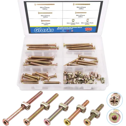 Miniatura 8 de Glarks Juego de 100 tornillos de cabeza hexagonal chapados en zinc M6x15/20/25/30/1.378 in para muebles, tornillos y tuercas de barril, kit surtido