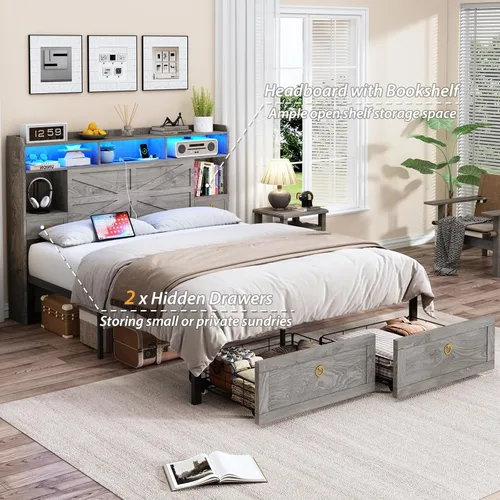 Miniatura 7 de TIGUBFRE Base de cama Queen con cabecera de almacenamiento, marco de cama de madera de granja tamaño Queen con 4 cajones, luz LED y estación de gris
