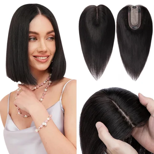 Miniatura 31 de Hairro Toppers de cabello humano 100% real para mujeres sin flequillo, postizos de cabello real con clip, base de seda transpirable para cubrir