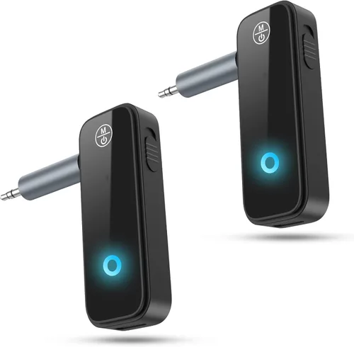 Paquete de 2 adaptadores Bluetooth AUX para automóvil, transmisor receptor Bluetooth 5.4 2 en 1 para automóvil con pantalla de visualización,
